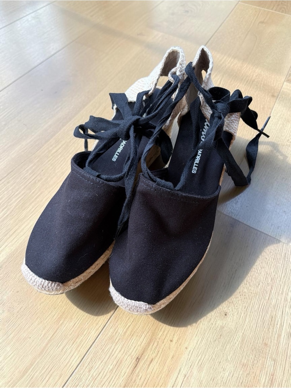 Gaimo Espadrilles Black Canvas Ankle Lace Up Wedge Sandals Made In Spain size 8